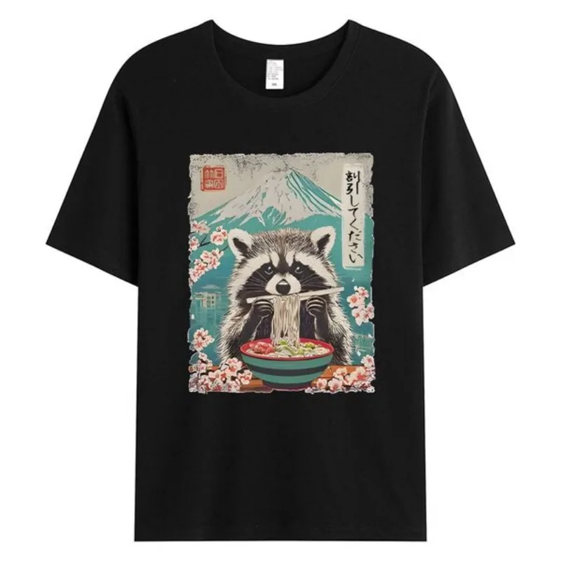 Funny Panda Lamian Noodles Japanese Kawaii T-shirts for Men and Women | Black casual outdoor top with short sleeves