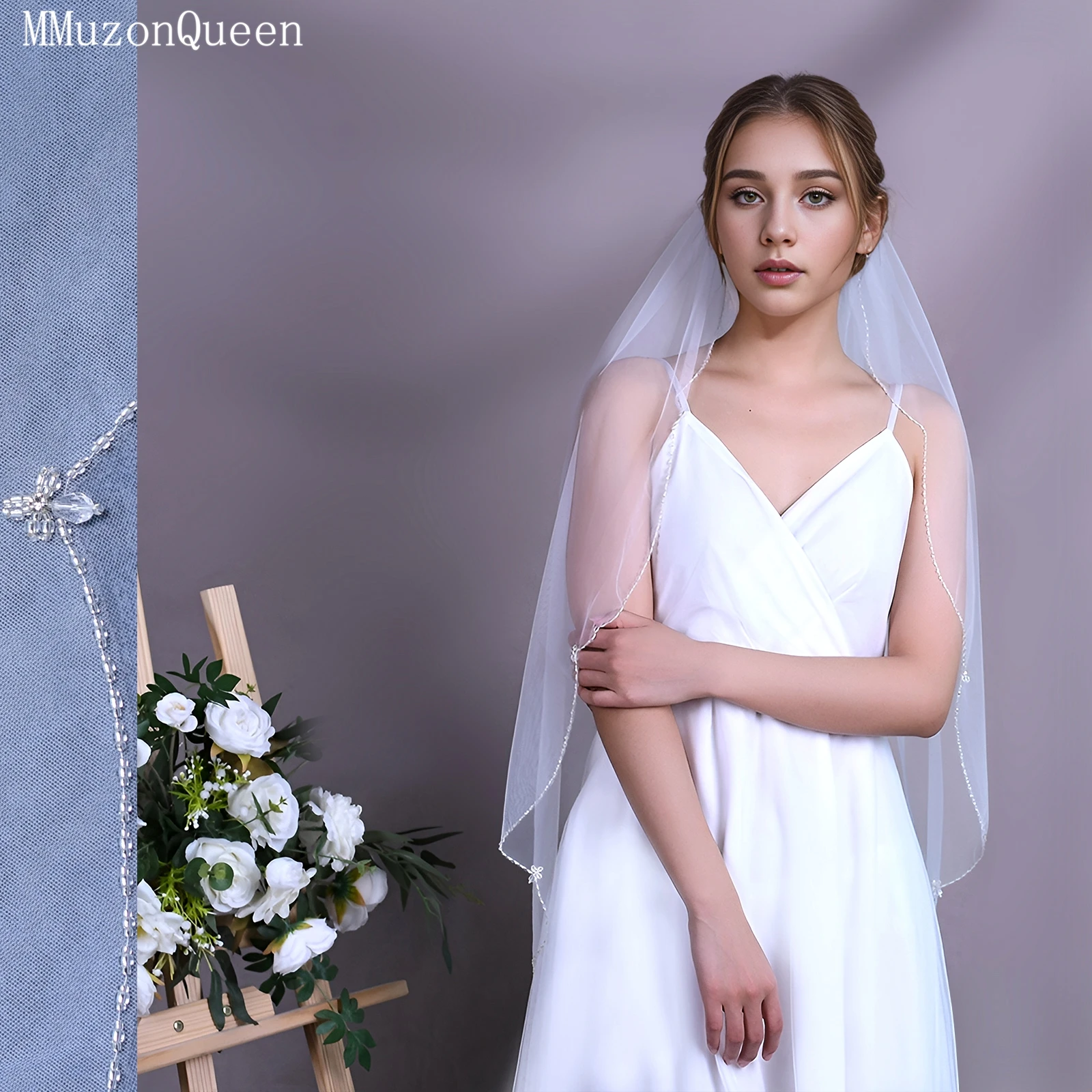 TOPQUEEN V118 Water Ripple Ruffle Shape Bridal Crystal Nylon Veil Wedding Styling Matching Studio Shooting Props