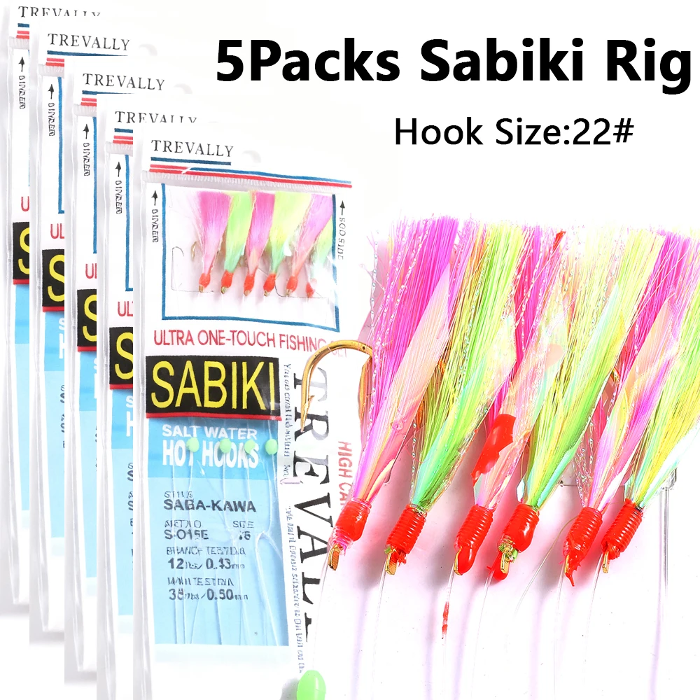 5er-Pack Sabiki Rig Fishing – ideal für Makrele, Bars – inklusive mehreren Haken mit roten und grünen Regenbogen-Papierfischröcken – Detail 12