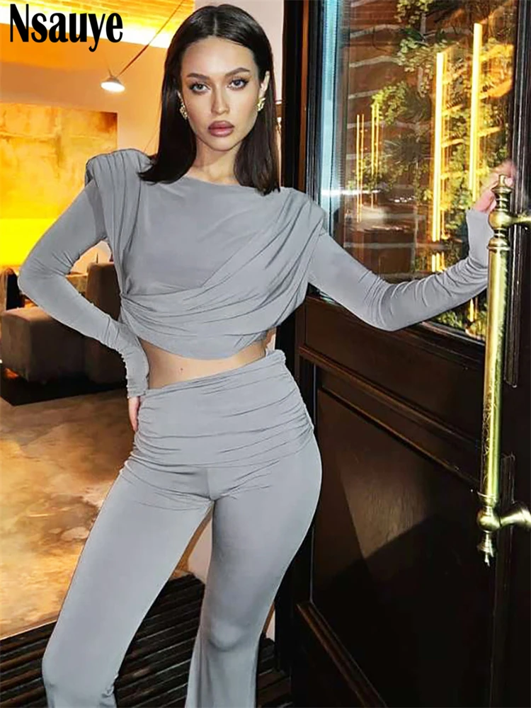 Nsauye Casual Tracksuit Women Winter Long Sleeve Skinny T Shirt Crop Tops Outfits High Waisted Wrap Pants Two Piece Set 2025