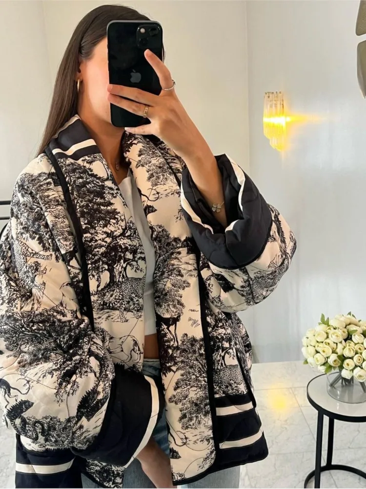 

BWQ Autumn And Winter New Women's Clothing European And American Ins Style Loose Collared Contrasting Printed Cotton Jacket