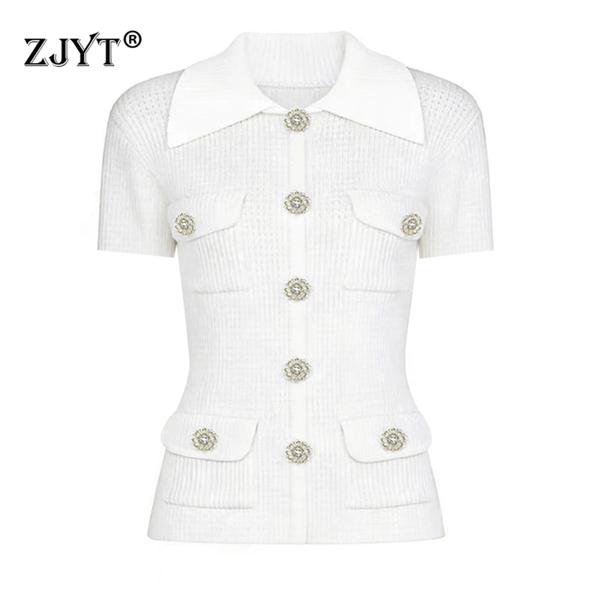 ZJYT Summer Knitted Tops Single Breasted Cardigans Turn Down Collar Short Sleeve Sweaters White Black Mini Pleated Skirts Women