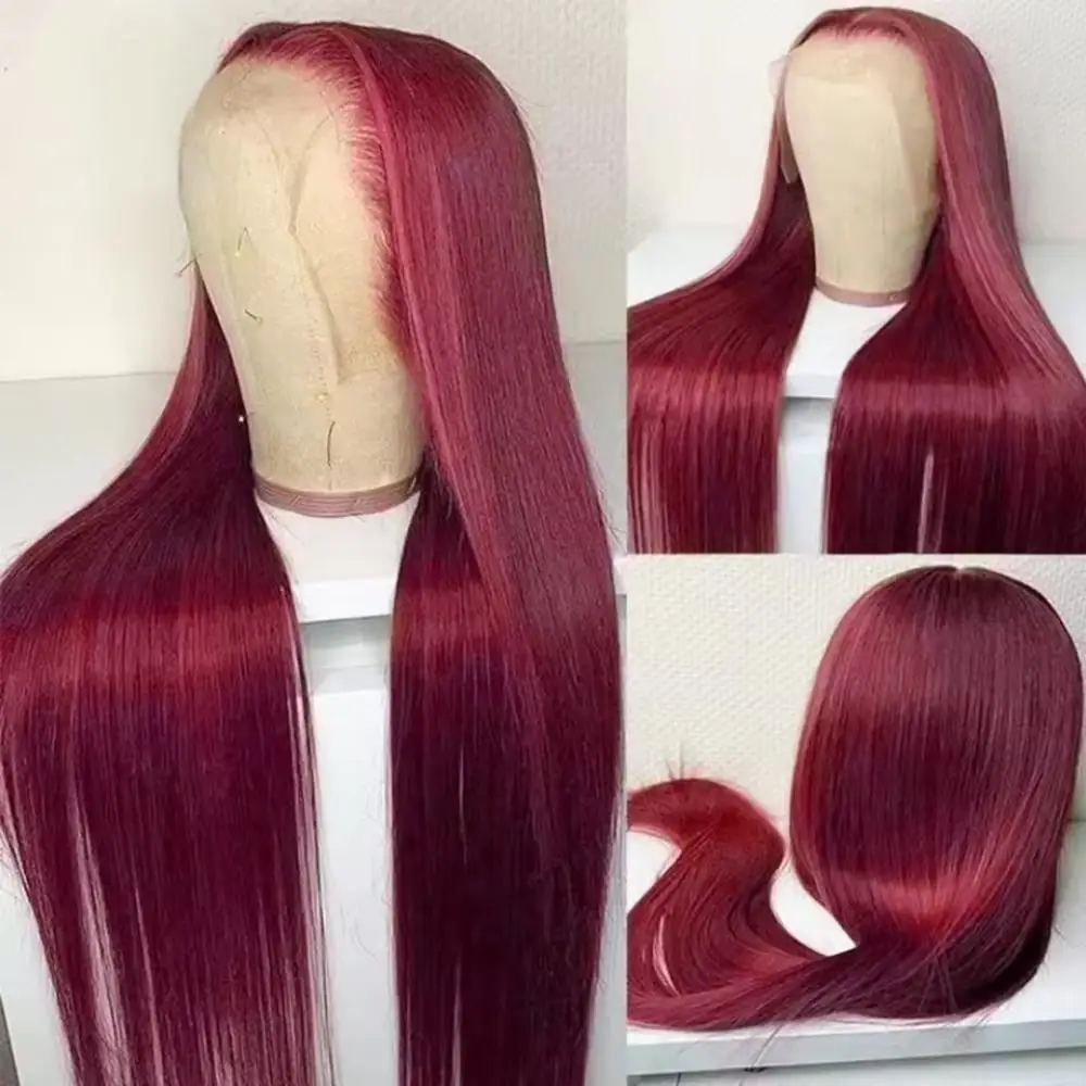 

99J Burgundy Lace Front Wig 100% Human Hair 40 Inch 13x6 Straight Lace Frontal Wig HD Transparent Lace Wig Red Colored For Women
