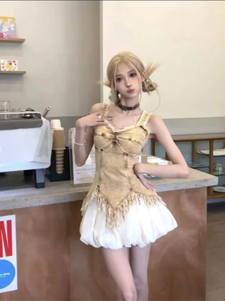 Spicy Girl Plissee Blütenknospenrock Damen Sommer Retro ausgefranstes Denim Tube Top Puffy Ort Rock Set Faionable Zweiteiler...