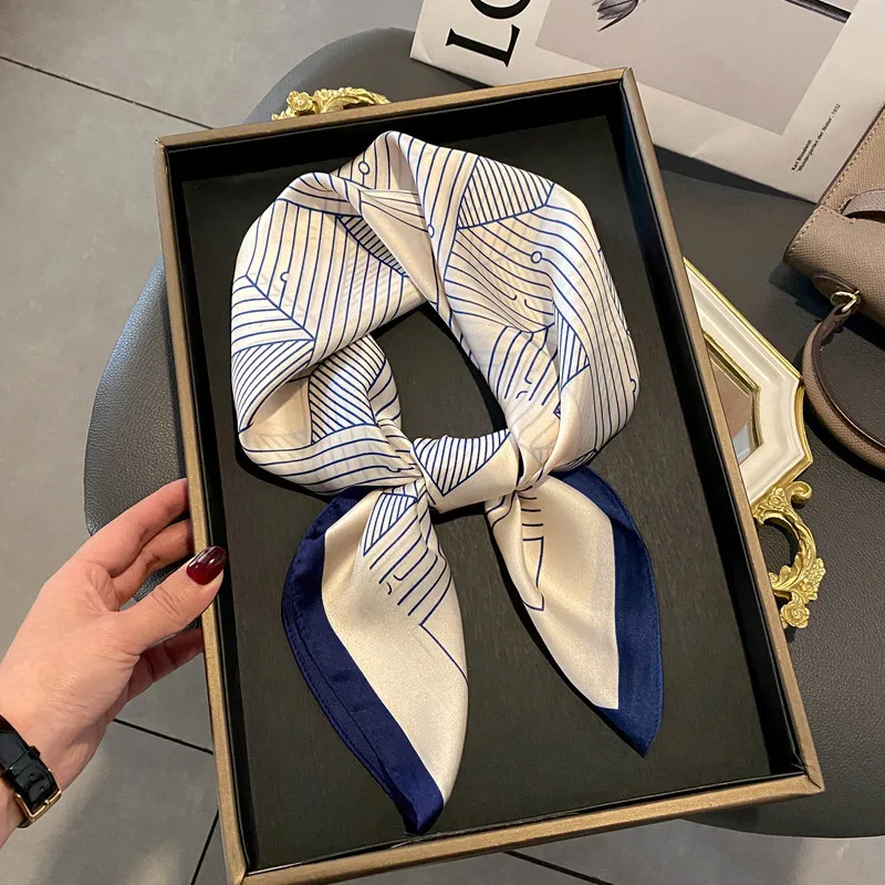 Luxury Brand Women Blue Square Silk Scarf Female Shirt Match Thin Scarf Beach Stoles Echarpe Satin Headband Shawl Wraps Bandana