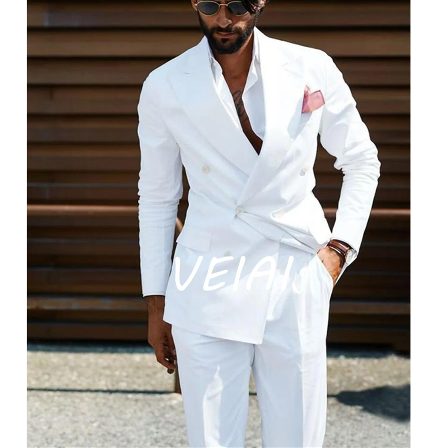 

White Double Breasted Men Suits Slim Fit Wedding Groom Tuxedos 2 Piece Casual Style Male Fashion Costume Homme (Jacket+Pants)