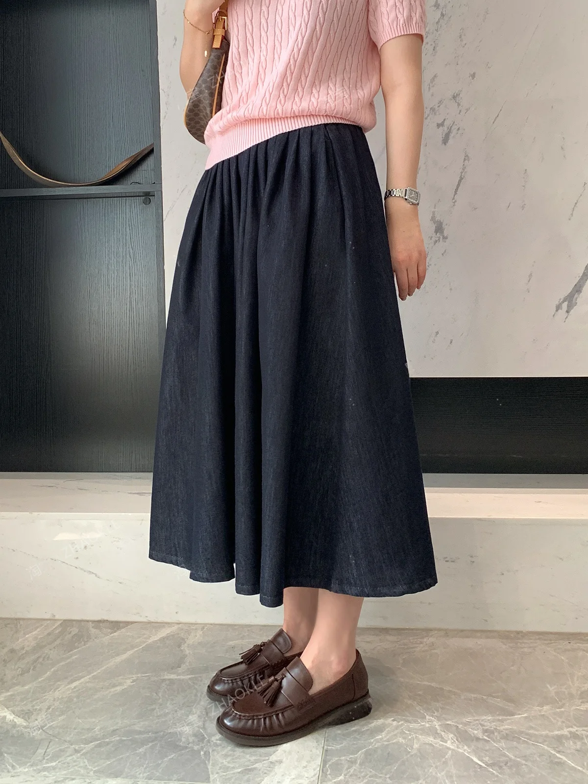 

Юбка джинсовая плиссированная А-силуэта с высокой талией, нелиняющая, весенняя новинка, для повседневной носки, большая юбка Zhaokelie, универсальная, в винтажном стиле, женская