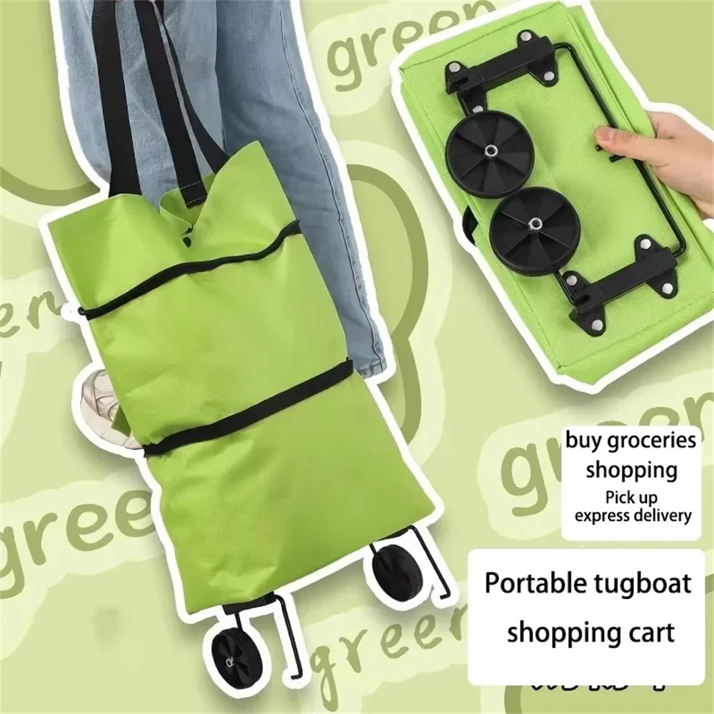 2-in-1 Foldable Shopping Cart, Shopping Bag Trolley and Wheels, Portable Rolling Handbag, Shopping Bag and Wheels, Waterproof Tr