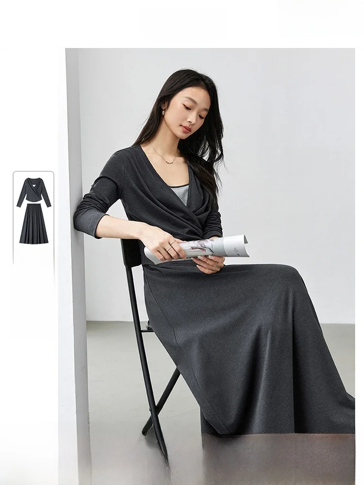 

Casual Commute Set Women's Spring Autumn New Style Fake Two-Piece Top Straight Skirt Two-Piece Set Long Sleeve V-Neck Adult F...