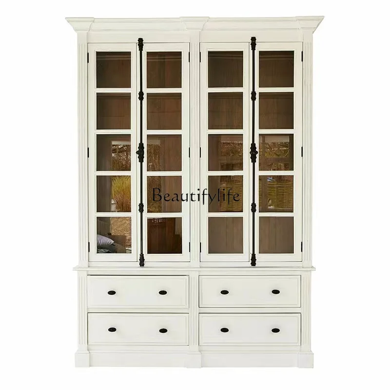 

French solid wood dining side cabinet with glass door modern simple American combination storage drawer cabinet