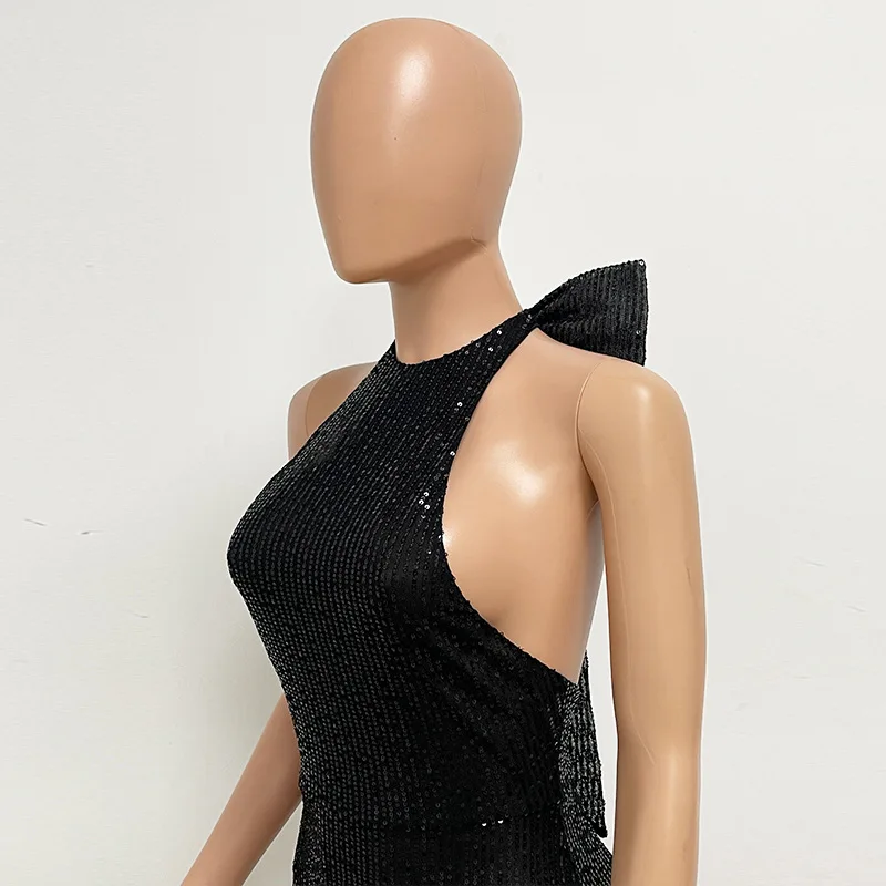 Pailletten Paillette Big Strik Dames Lange Feestjurk Hoge Split Halter Galjurk Meerdere Kleuren Backless Avondjurk Nieuw Ontwerp