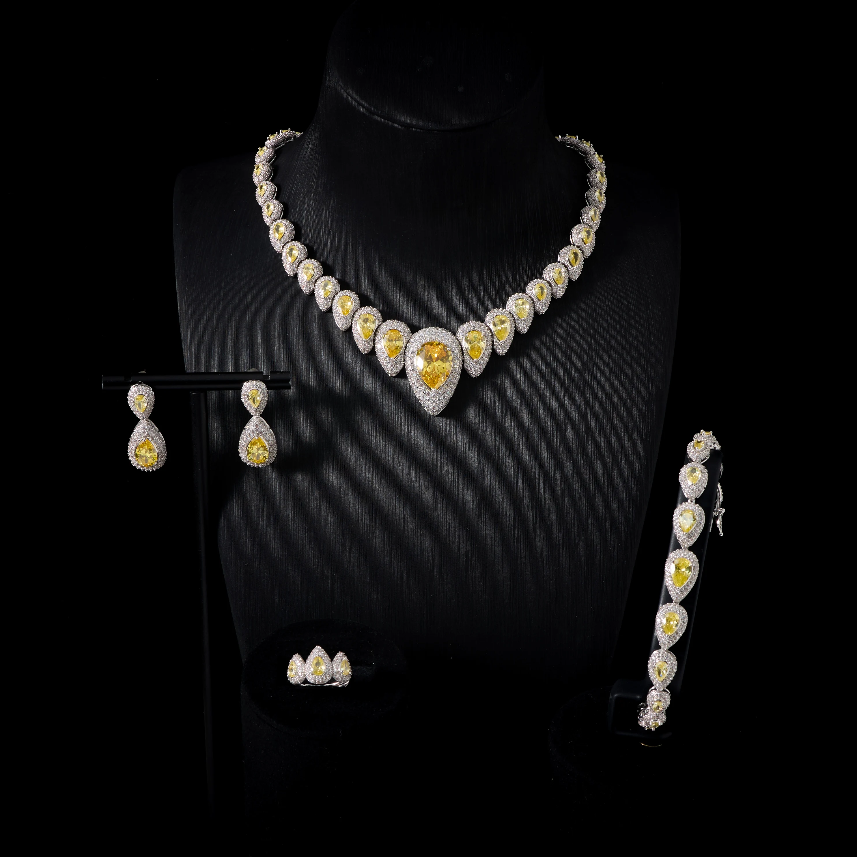 

001380 Luxury Bridal Jewelry Sets For Women Cubic Zirconia Full Paved Pear Cut Cubic Zirconia 4pcs Jewelry Set Wedding Bridal Ne