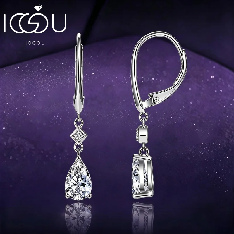 IOGOU 1CT D Color Pear Cut Moissanite Long Teardrop Women's Earrings 100% 925 Silver Original Drop Earrings Trendy Fine Jewelry