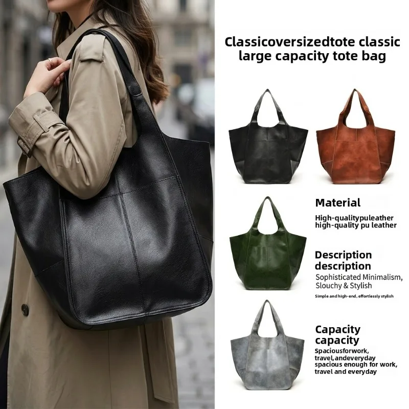Soft PU Leather Large Capacity Tote Bag Casual Multi Pocket Handbag Shoulder Bag for Women Daily Shopping Work Travel Use