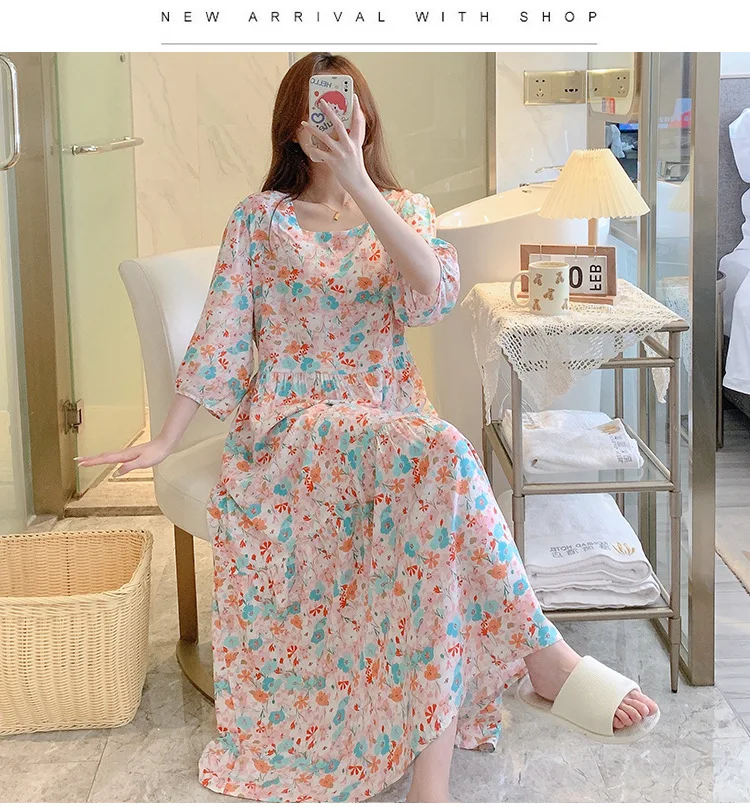 New Summer Extra Long Dress Homewear Women Casual Floral Nightgown Ladies Nightdress Female Loungewear High Quality Sleep Dress