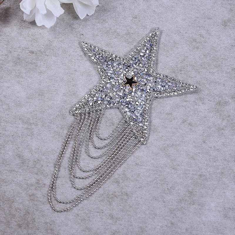 Luxury Crystal Rhinestone Five-pointed Star Tassel Patches for Clothing Iron on Clothes Appliques Iron-on Pentagram Stickers DIY