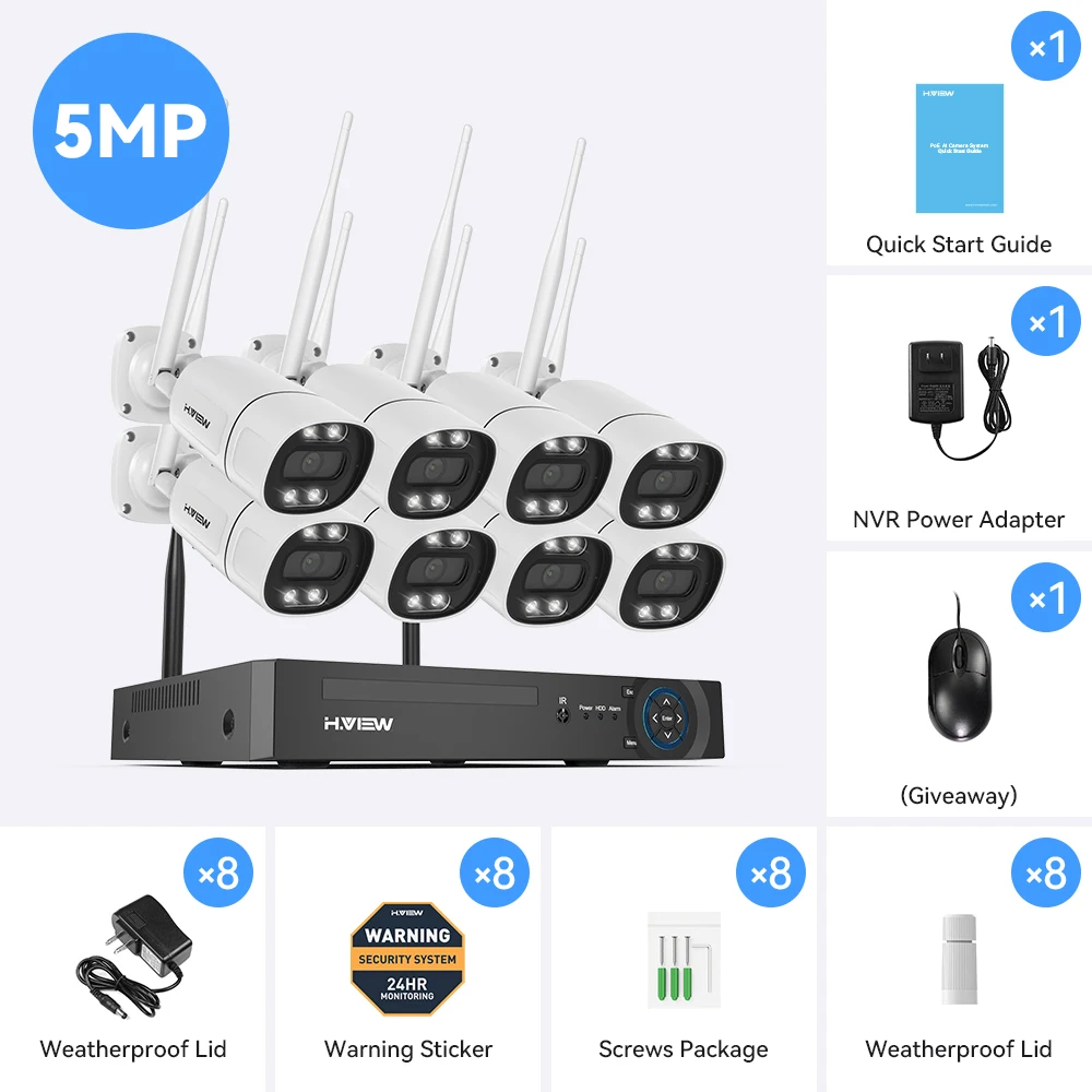 H.view 8CH 5mp Draadloze Wifi Camera Beveiligingssysteem CCTV Camera Video Surveillance Kit NVR Binnen Buiten Tweeweg Audio Xmeye