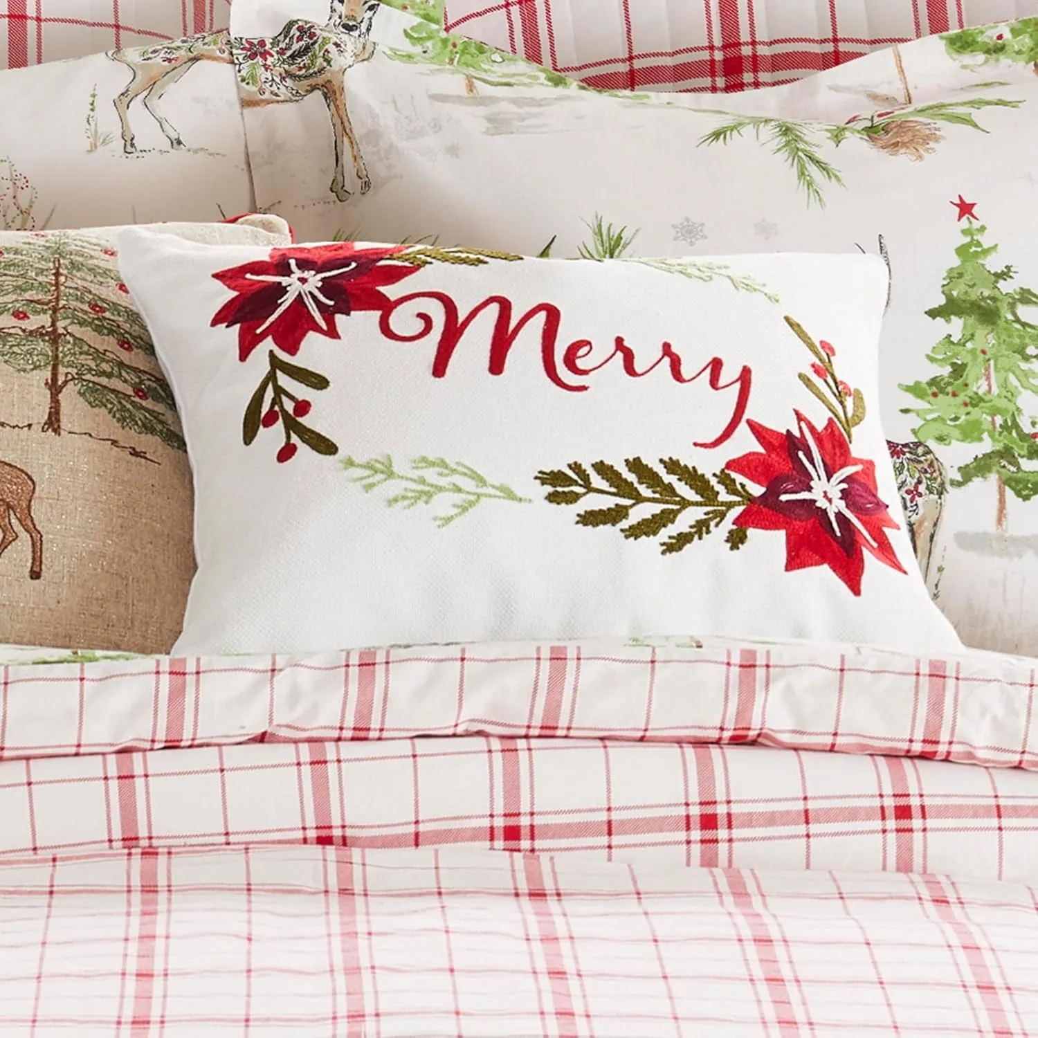 Levtex Home - Sleigh Bells - Christmas Decorative Pillow (14X18in.) - Word Merry - Red, Green and White