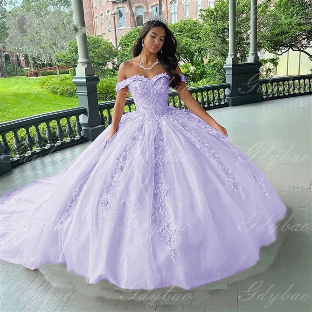 Ball Wedding Beauty Pageant Pink Off-Shoulder Dance Party For  Party Lace Tulle Court Train Formal Birthday Princess Gowns