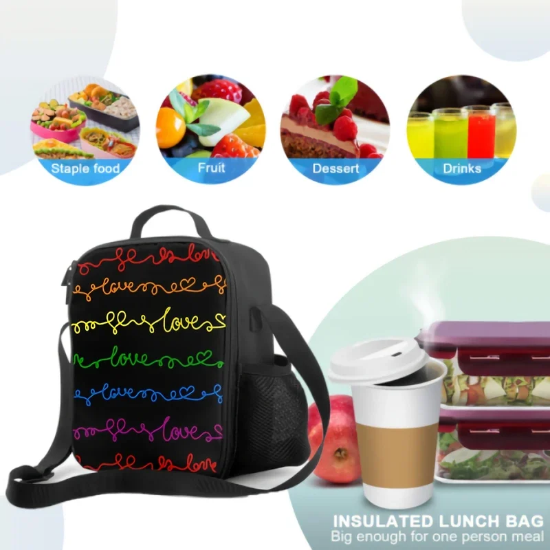 Love Word and Hearts Insulated Lunch Box, Lgbt Meal Bag, Símbolo do orgulho, Recipiente de alimento para escola, Viagem, Piquenique, Lgbt