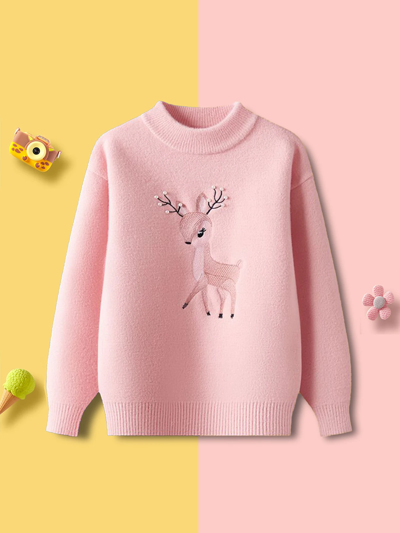 Kids' Fawn Embroidered Mock Neck Sweater, Soft & Skin-Friendly Knitwear for Fall/Winter. Unisex Relaxed Fit Long Sleeve Pullover
