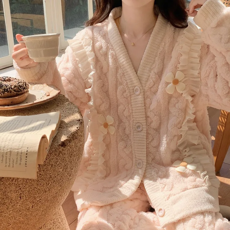 2023 Autumn Winter New Women Pajamas Coral Fleece Thicken Warm Two-Piece Suit Loose Casual Home Wear Fashion V-neck Nightclothes