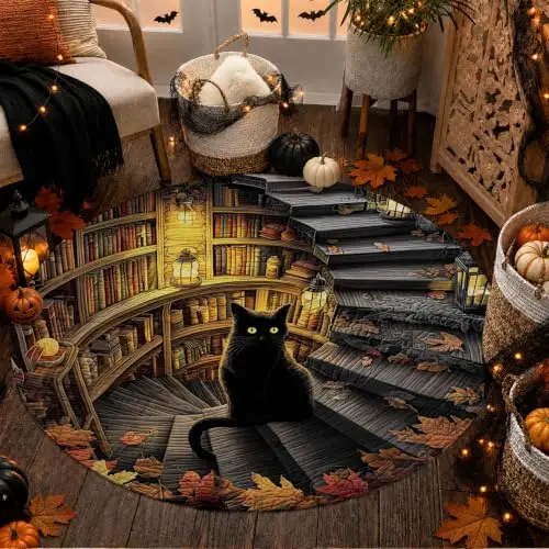 Circle Floor Carpet Tiered Waterfall Stream Printed Black Mascot Silhouette White Tunic Sprites Floral Dark Charcoal Base Floor