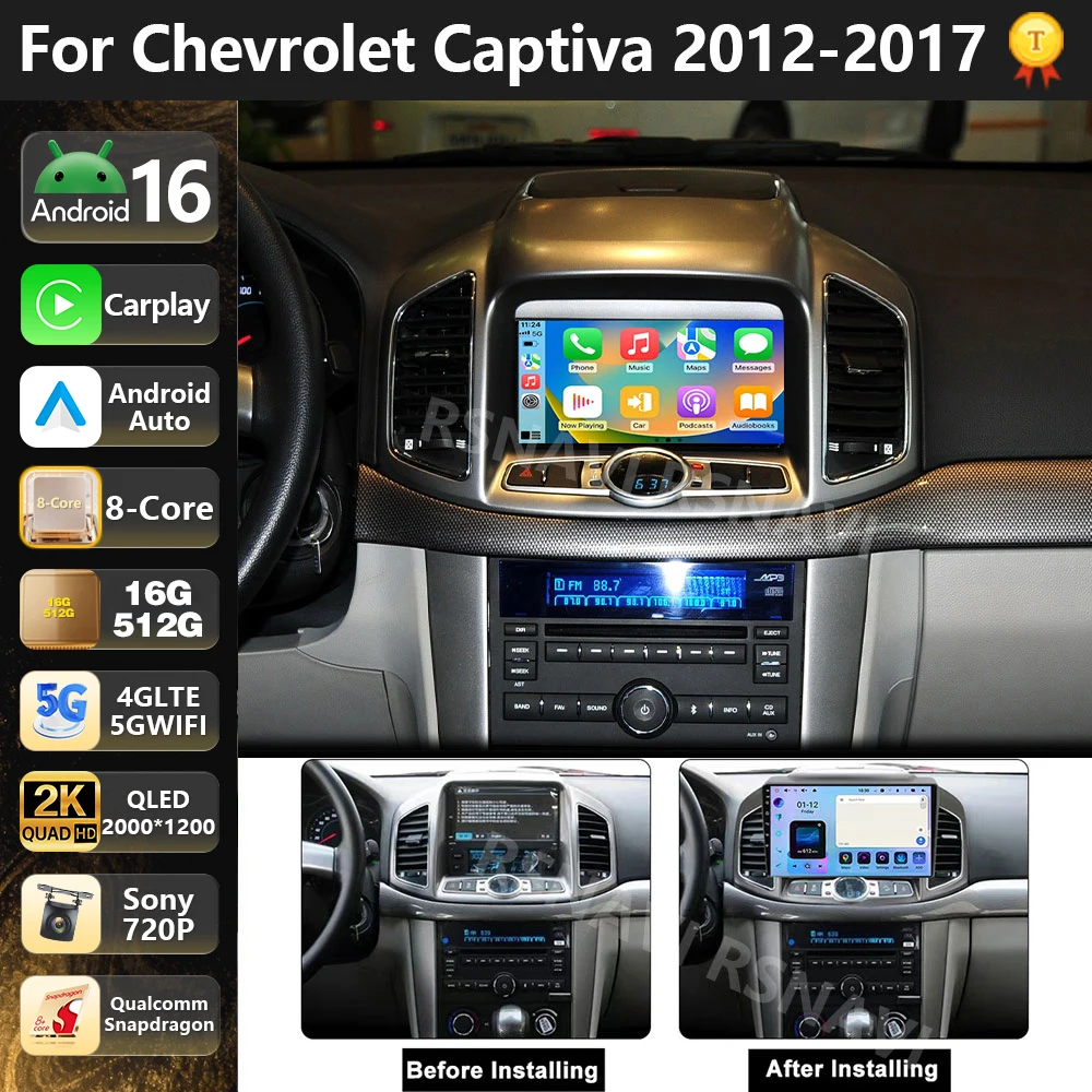 Radio Multimedia para Auto con Qualcomm Android 16 para Chevrolet Captiva 1 2011-2016, Auto Carplay, Estéreo, DSP, wifi+4G, BT, 2 Din, GSP