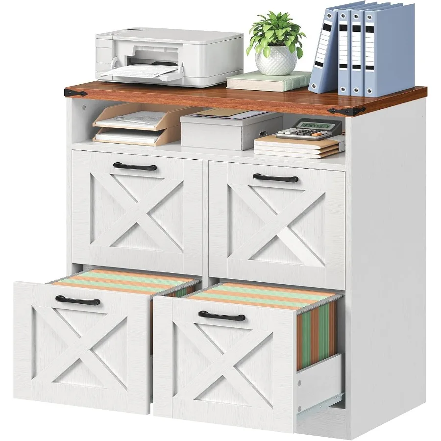 4 Drawer File Cabinet For Office Use, Solid Wood With White Finish, Rustic Farmhouse Style And Space-Saving Design