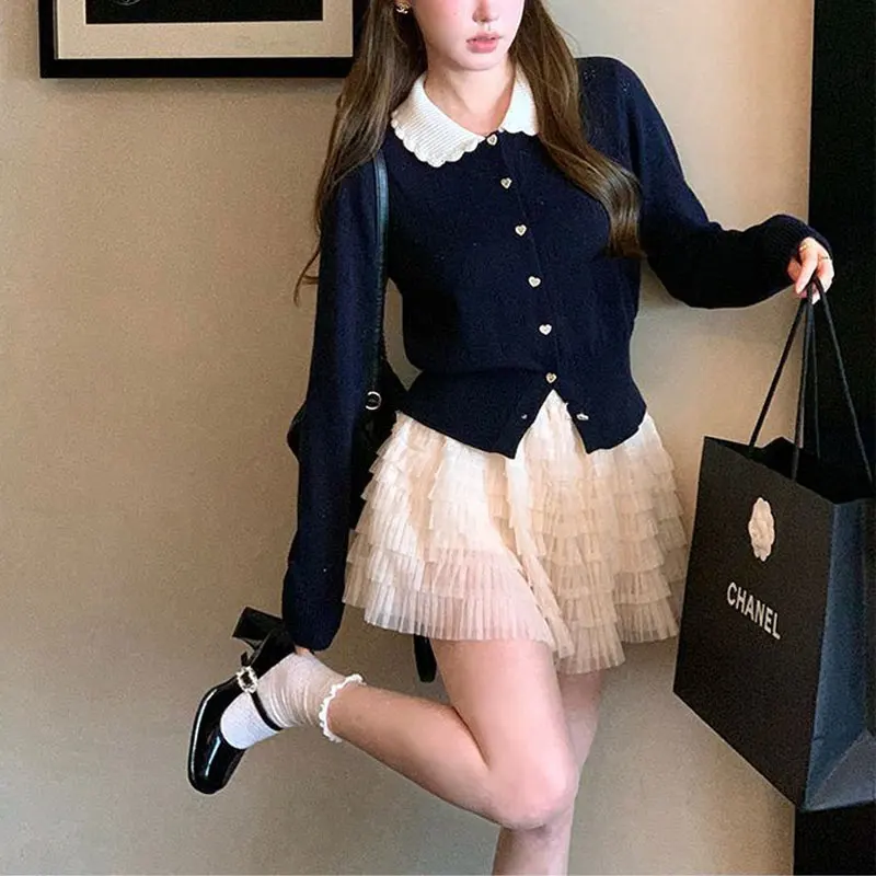 

Contrasting Colors Doll Collar Sweaters Women's Clothing Spliced Slim Autumn Winter Long Sleeve Sweet Fashion Knitted Cardigan