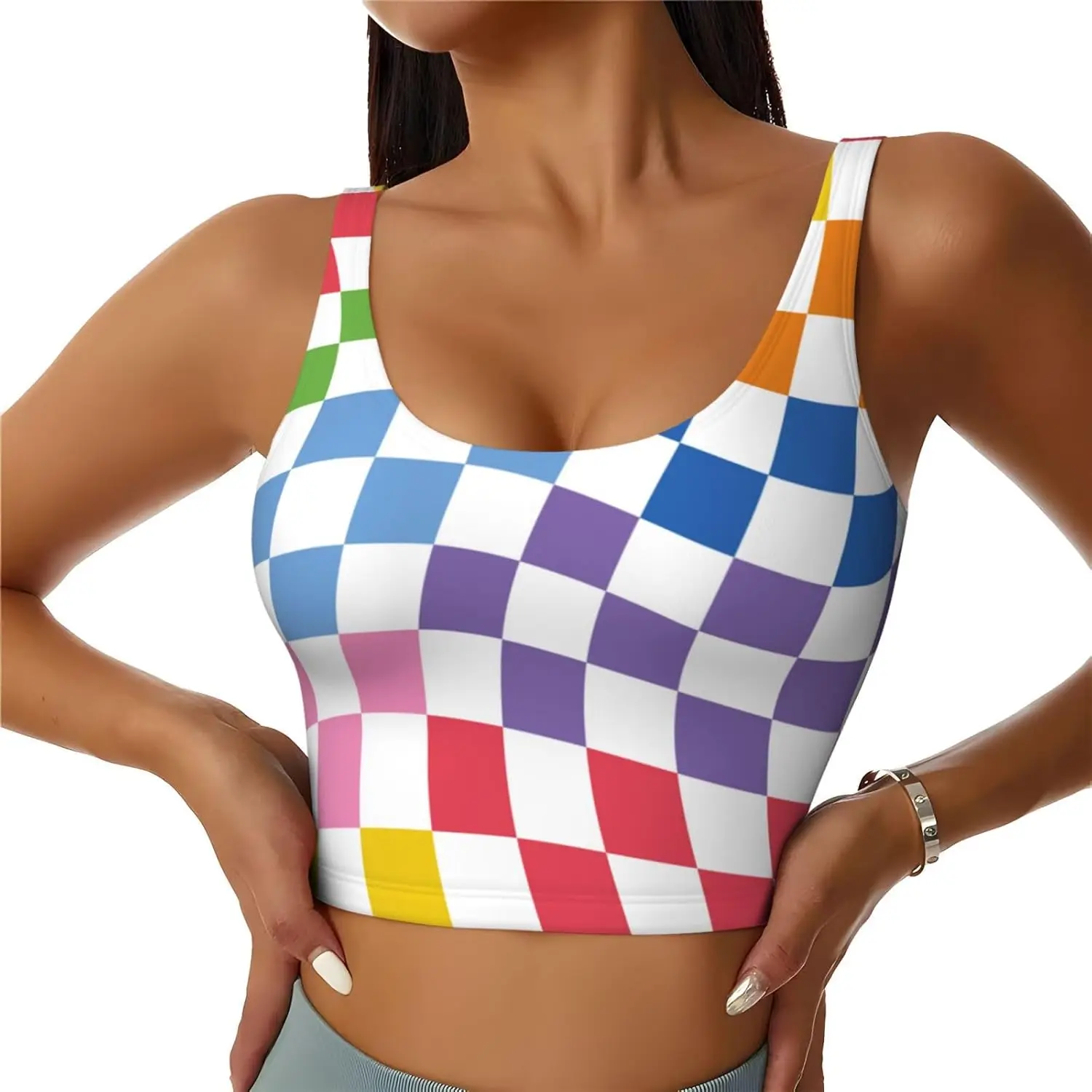 Wavy Checkerboard 2 Sports Bras for Women Yoga Comfort Seamless Stretchy with Removable Pads