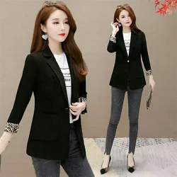 2023 Spring And Autumn Women Leopard Pattern Cuffs Fashion One Button Blazer Female New Korean Slim Fit Black Net Red Small Suit