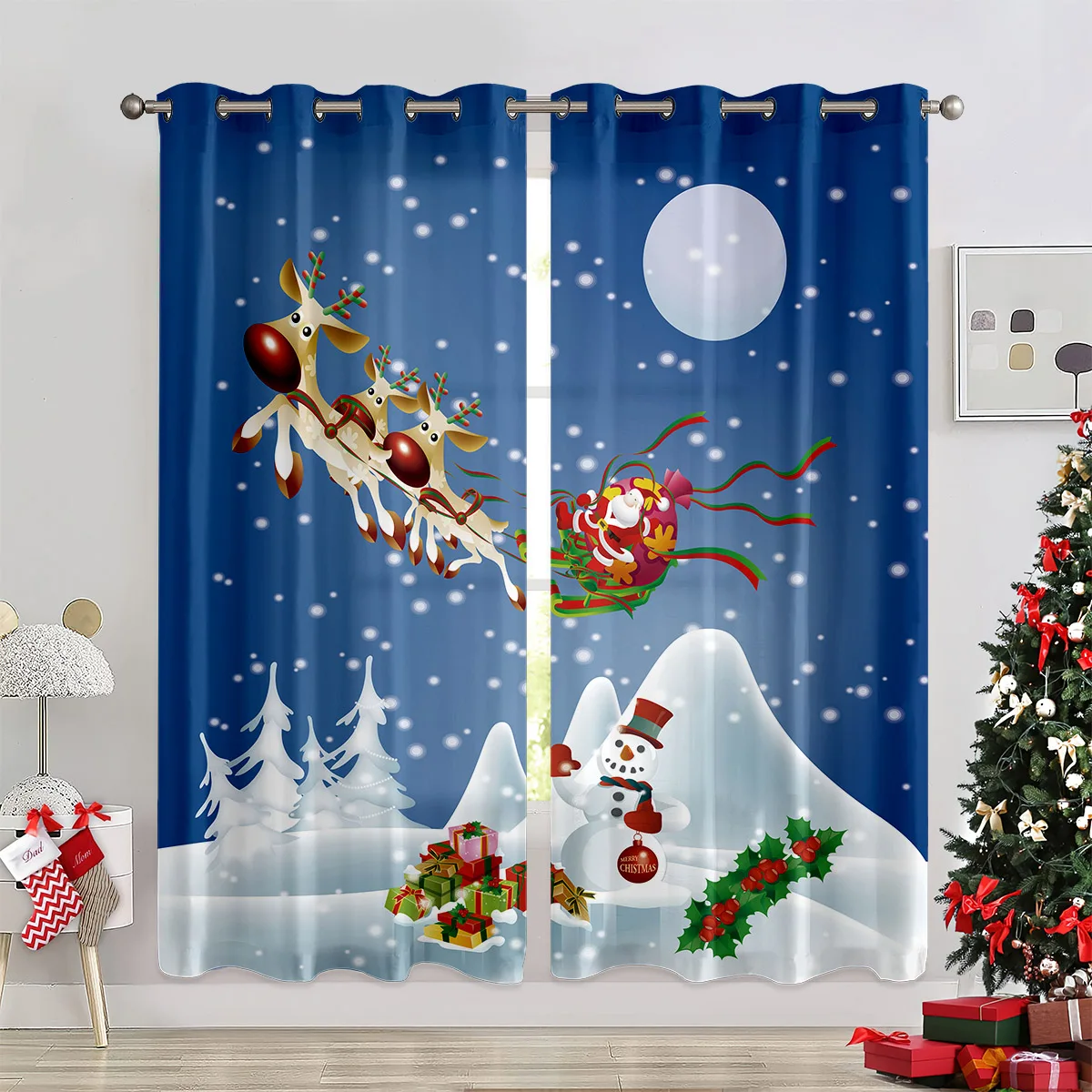 Decorative Curtains Featuring A Cute Cartoon Snowman Print;100% Polyester; Festive Curtains For Children's Rooms;New Year's Gift