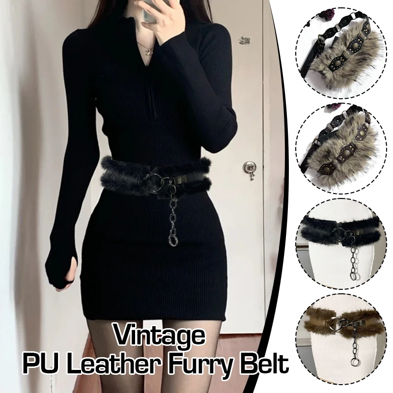 

Jeans Pants Decor With Chain Punk Fur Belt Super Soft PU Leather Plush Waist Chain Fluffy Personalized Hiphop Belt Jeans 2025