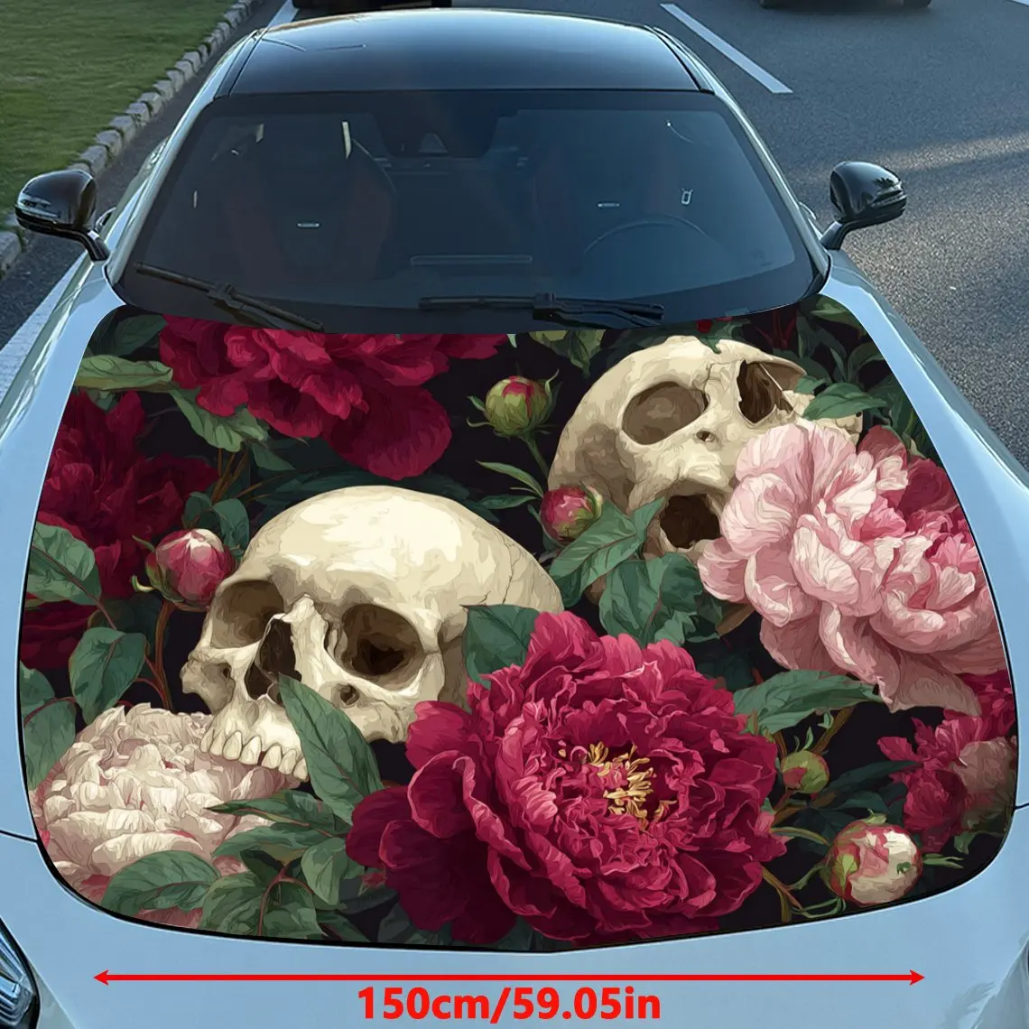 Flowers And Skeletons Vinyl Decal - Universal Fit Paper Material Car Hood Wrap, Automotive Exterior Bonnet Sticker, Vehicle Modi