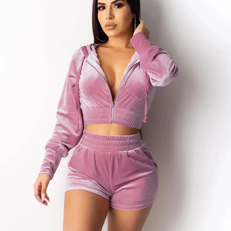 

Velour Tracksuit Women Two Piece Set Zipper Hooded Jacket Crop Top With Shorts Suit Juicy Coutour Tracksuit Velvet Sets Outfits