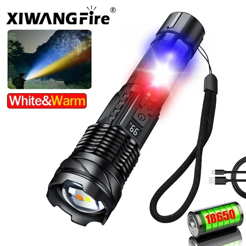 Upgrade Super Bright Flashlight Zoom Light Warm&White Light 