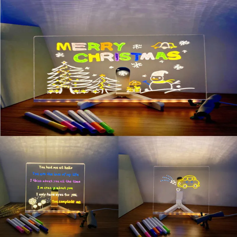 1 Set 7 Color Pens, Illuminated Acrylic Letter Erasing Board, Illuminated Memo Note Message Board with LED Whiteboard