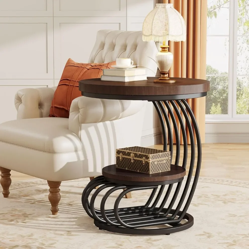 

Round End Side Table: Side Table with 2 Tiers Storage Shelves, Vintage End Table for Living Room, Small Bedside Table