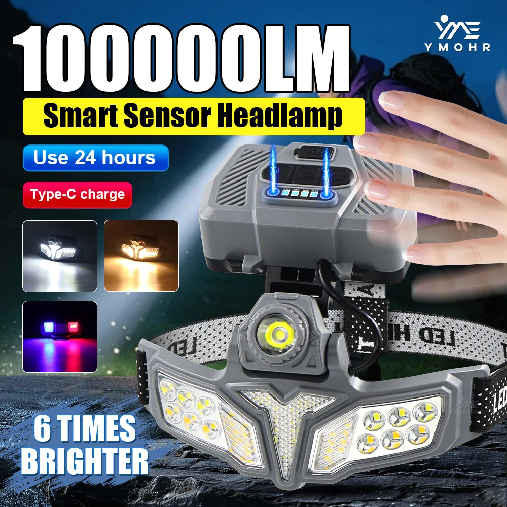 100000LM High Power LED Headlamp Rechargeable Headlight Smart Sensor Portable Solar Charging Case Work Light For Camping Hiking