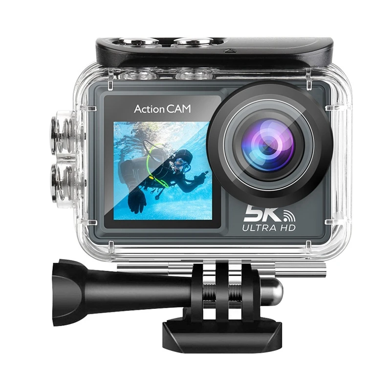 Wifi Anti-Shake Action Camera 30M Waterproof Sport Camera With Remote Control 5K 30FPS Dual Screen 170° Wide Angle As Shown