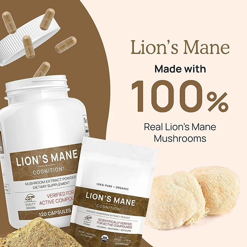 

120 PCS Lions Mane Mushroom Cognition Capsules Lions Mane Mushroom Powder Extract Brain Vitamins Focus Supplement