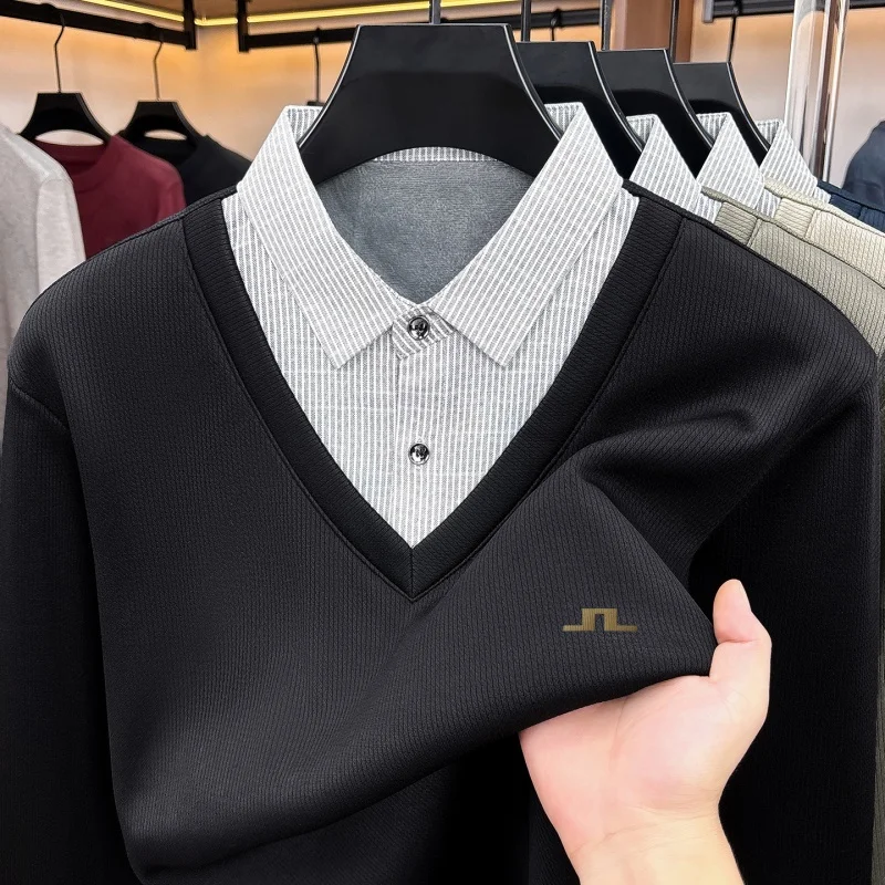 Spring Autumn Men's Long Sleeved Knitted Hoodie False Two-Piece Button Designer Original Printed Pattern Casual Men's Clothing