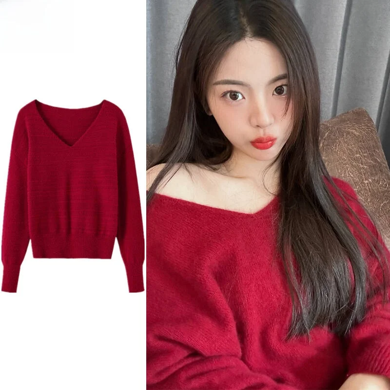 

Red V-Ne Knitted Sweater Women's Loose Fit Comfortable Sle Autumn Winter Faion Fce Warm Long Sve Top by Yang Beixuan