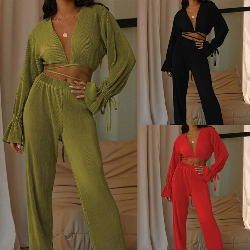 Sexy Pants Set For Women Bandage Deep V Neck Crop Top Long Sleeve Matching Wide Leg Trousers Suit Elegant 2 Pieces Set Traf 2024