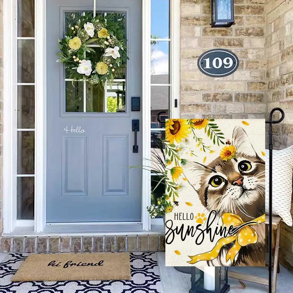 RABUSOFA Cat Summer Garden Flag 12x18 Inch Double Sided for Outside, Hello Sunshine Sunflower Seasonal Small Yard Flag Outdoor D