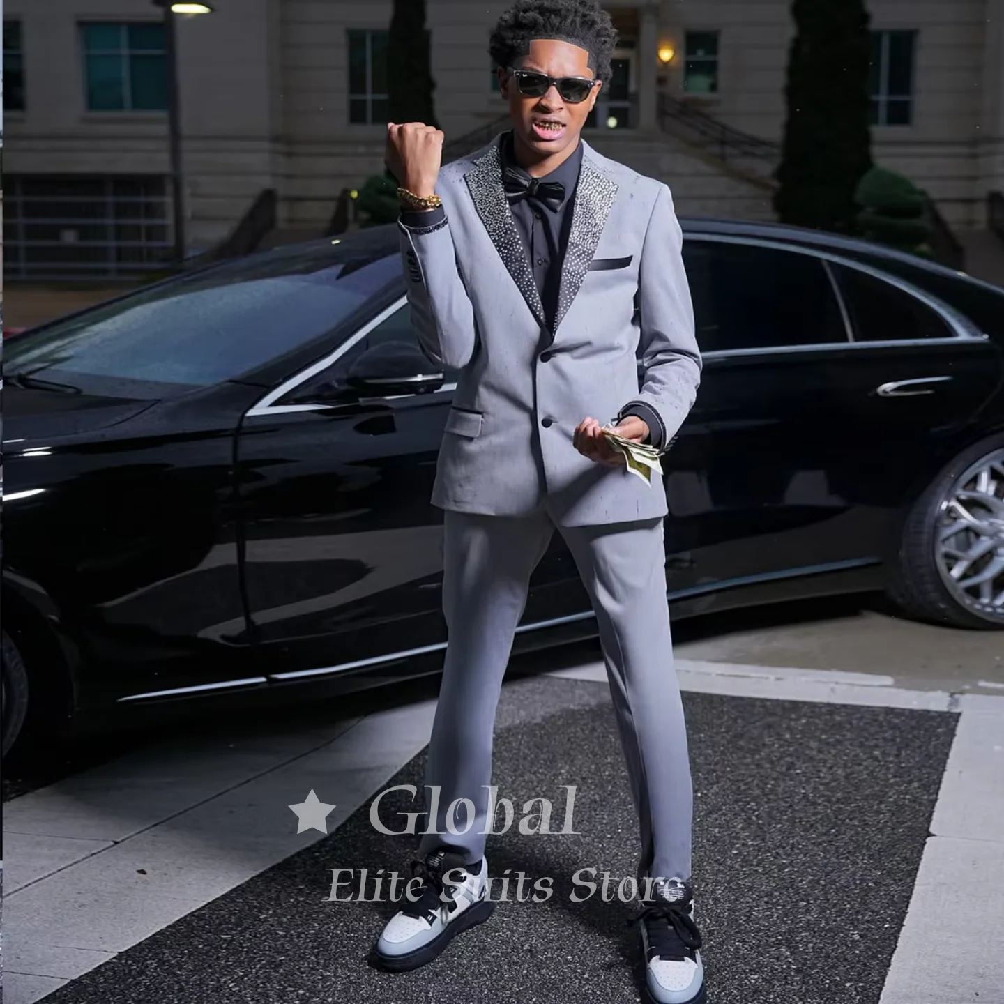 Luxury Grey Prom Suit 2 Piece Set For Men With Crystal Embellished Lapel Blazer And Matching Pants Prom Wedding Customized