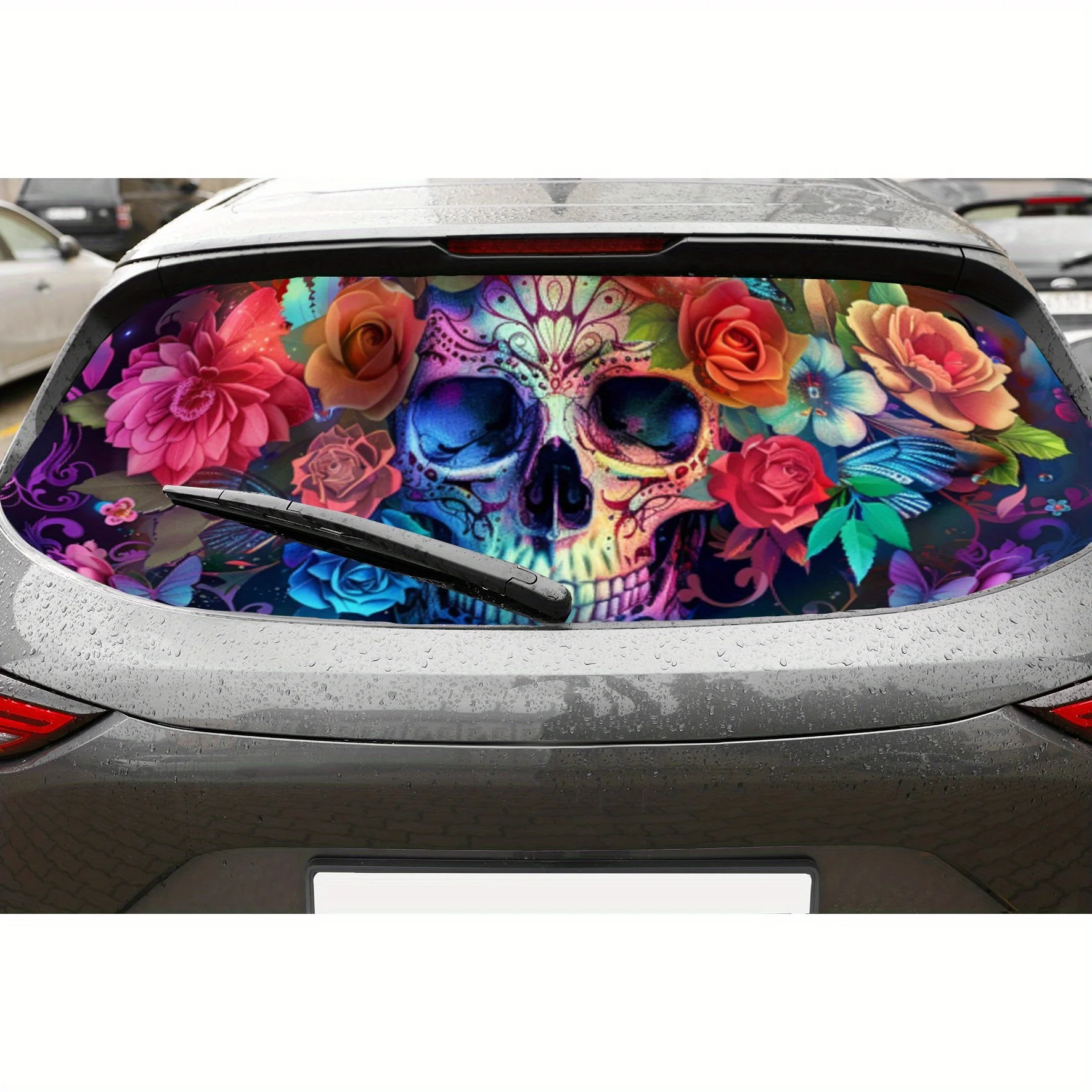 

Красочный череп и цветы, перфорированные автомобильные виниловые обертки из ПВХ, конструкция для улучшения конфиденциальности для заднего окна, наклейка на заднее лобовое стекло автомобиля