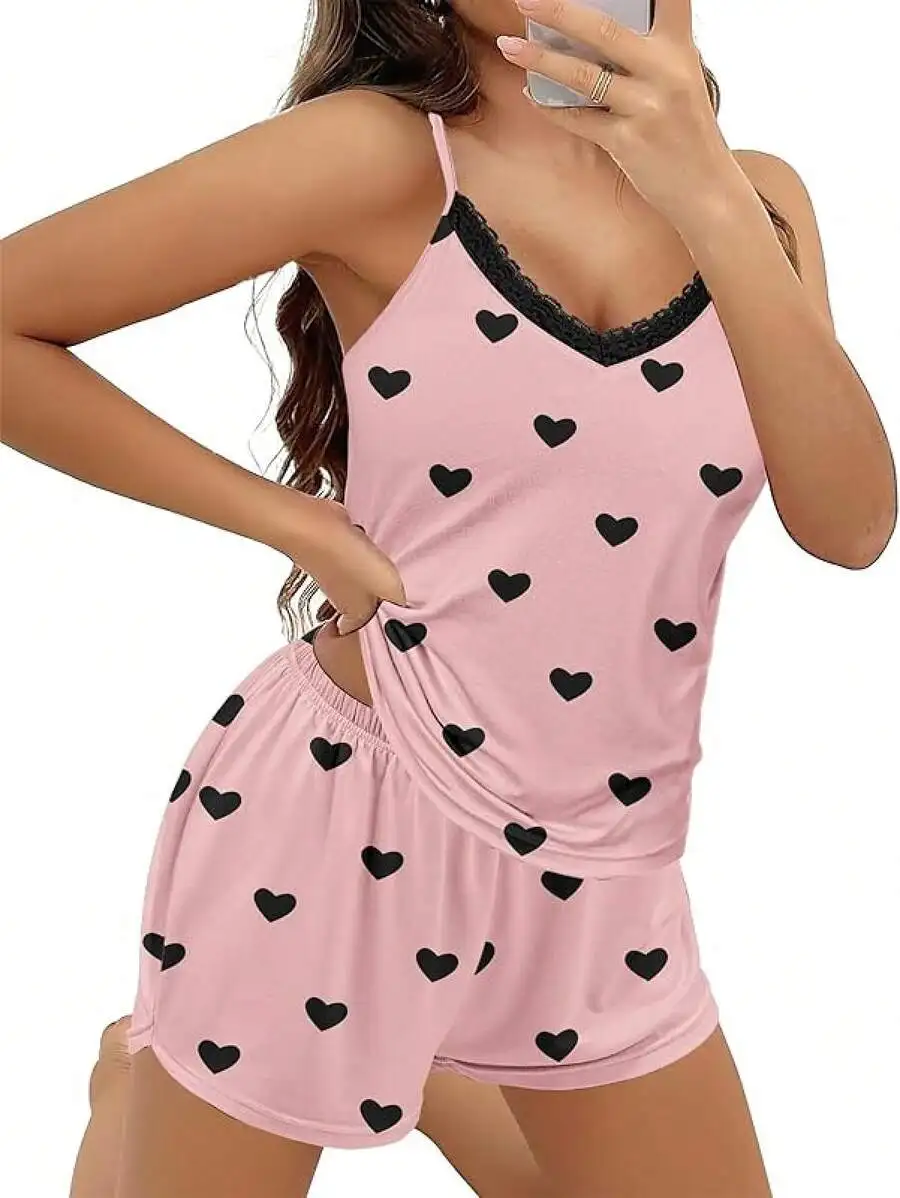 

Women 2 Piece Heart Print Lace Trim Cami Sleepwear Set Soft Pajama Shorts