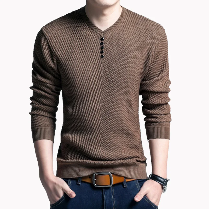 

Trendy Coffee Color V-Neck Pullover Knitted Sweater Men Slim Fit Student Sweater Jacket Large Size Elastic Long Sleeve T-Shirt